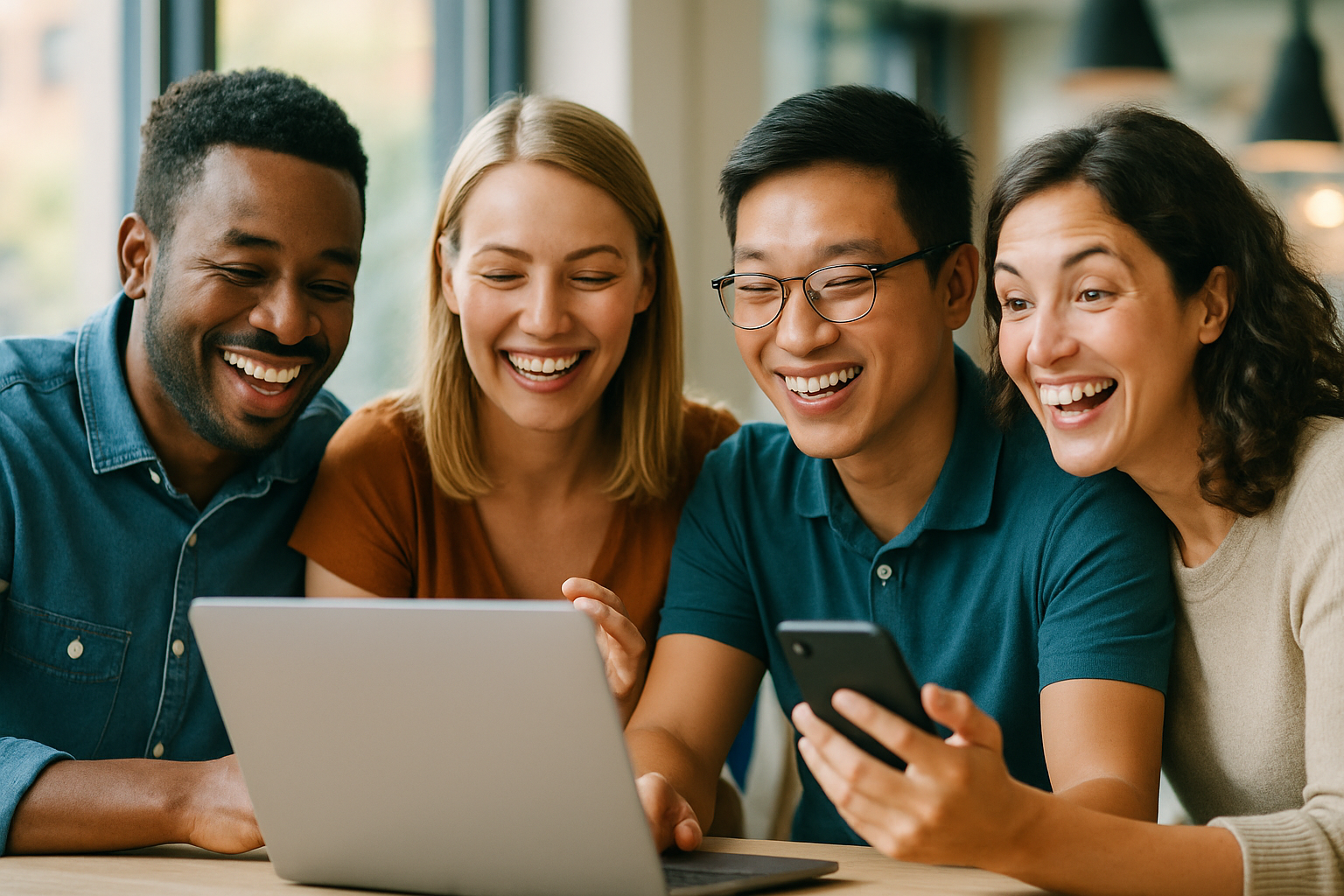 Happy customers engaging with technology